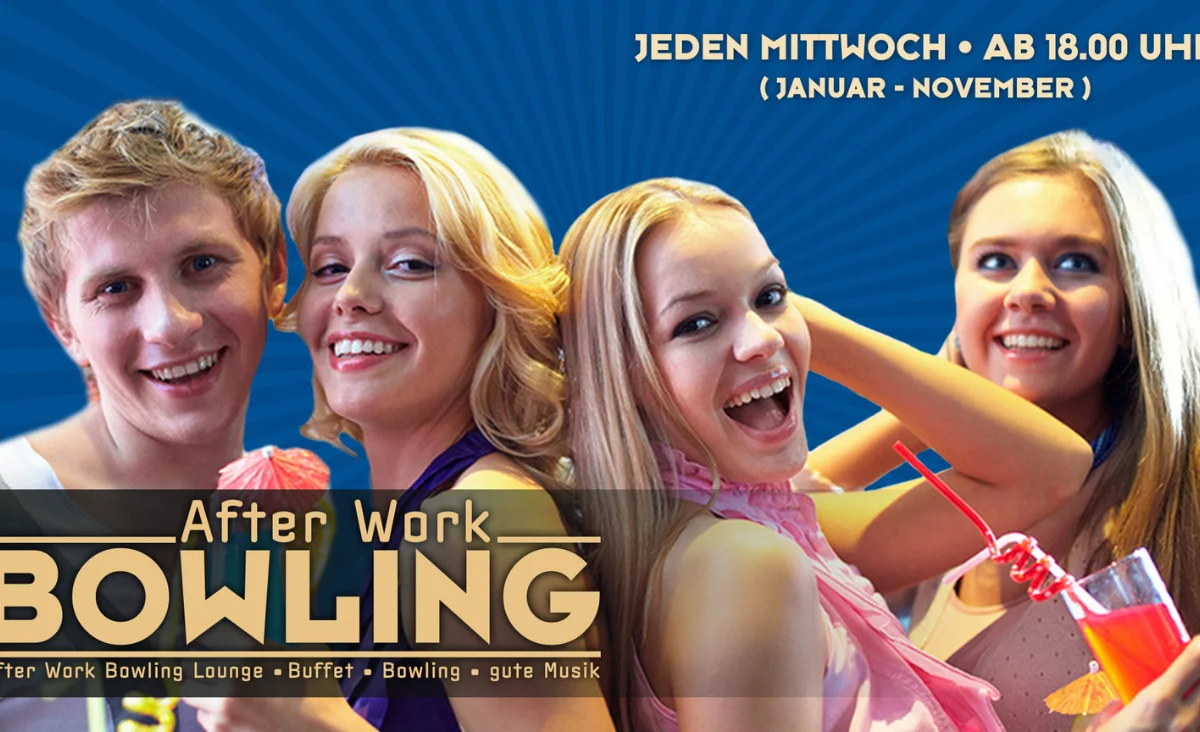 Eine Gruppe von Kollegen spielt Bowling nach der Arbeit, lacht und genießt die gemeinsame Zeit in einer entspannten Atmosphäre.