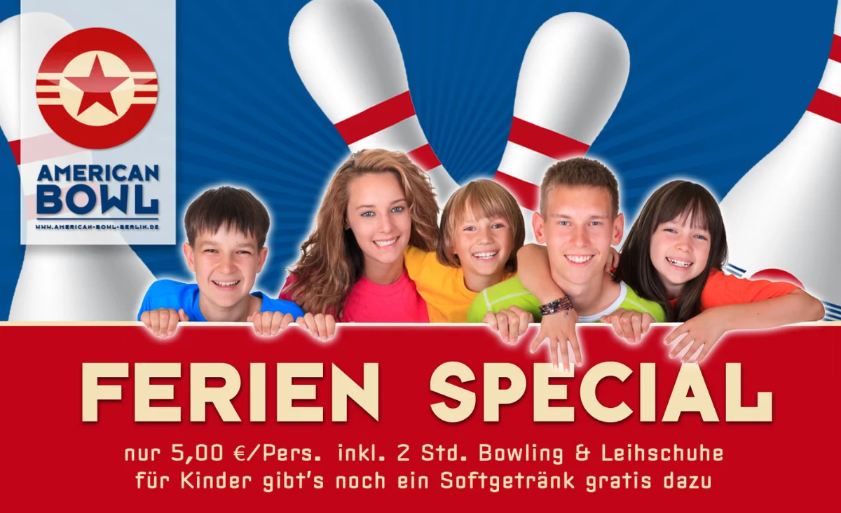 Werbung für das American Bowlers Special mit ansprechendem Design und Informationen zu Angeboten für Bowling-Enthusiasten.