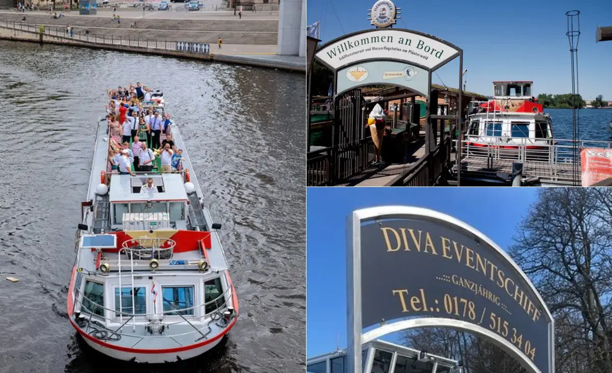 Drei Bilder eines Bootes auf dem Wasser mit Personen, die an Bord sitzen und die Umgebung genießen.