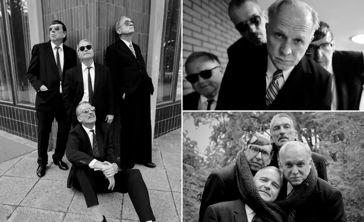 Verschiedene Fotos von Männern in Anzügen und Krawatten, einschließlich Ulrich Tukur und den Rhythmus Boys.erschiedene Fotos von Männern in Anzügen und Krawatten, einschließlich Ulrich Tukur und den Rhythmus Boys.