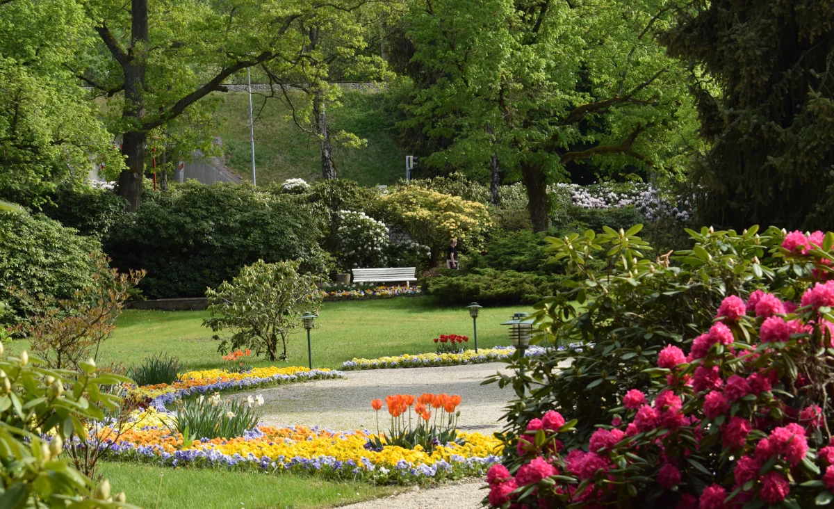 Ein einladender Park mit bunten Blumen in Santé Royale Hotel- & Gesundheitsresort Bad Brambach