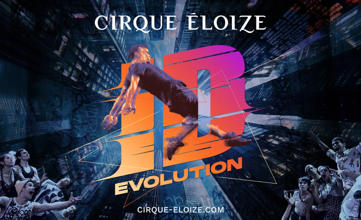 Poster von Cirque Éloize mit dem Titel "Circus Éloize Evolution", farbenfrohes und