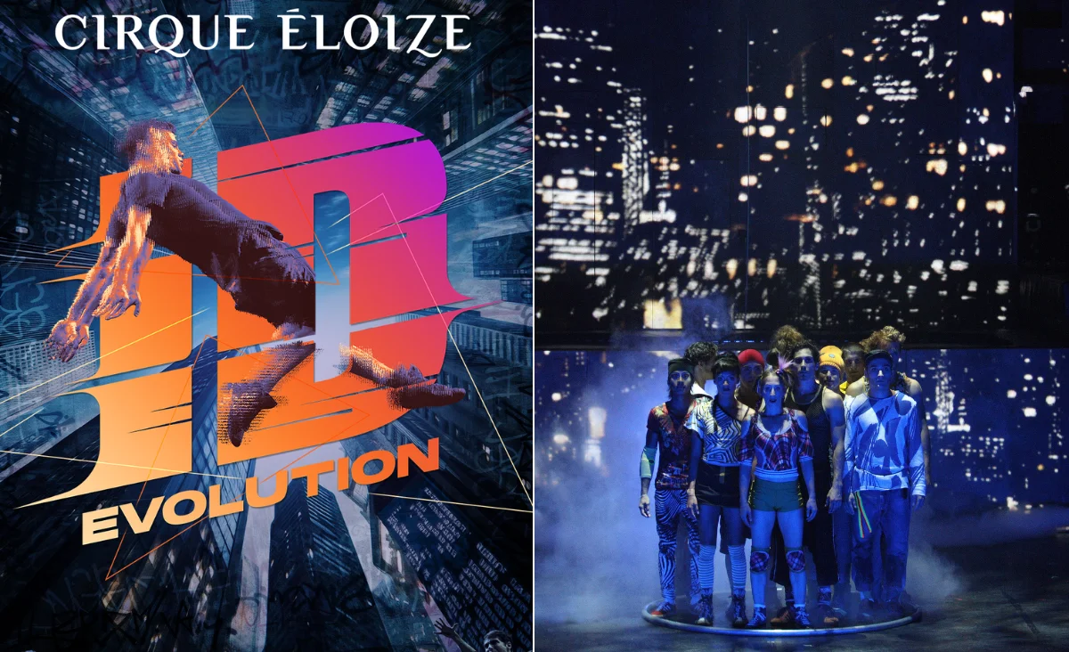 Plakat zu "Evolution" von Cirque Éloize, mit lebendigen Farben und dynamischen Figuren, die Wandel symbolisieren.
