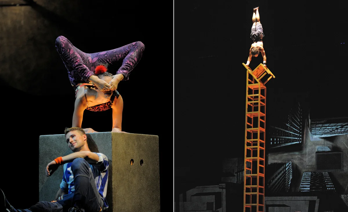 Zwei Fotos von Akrobaten auf der Bühne von Cirque Éloize, die beeindruckende Kunststücke vorführen.
