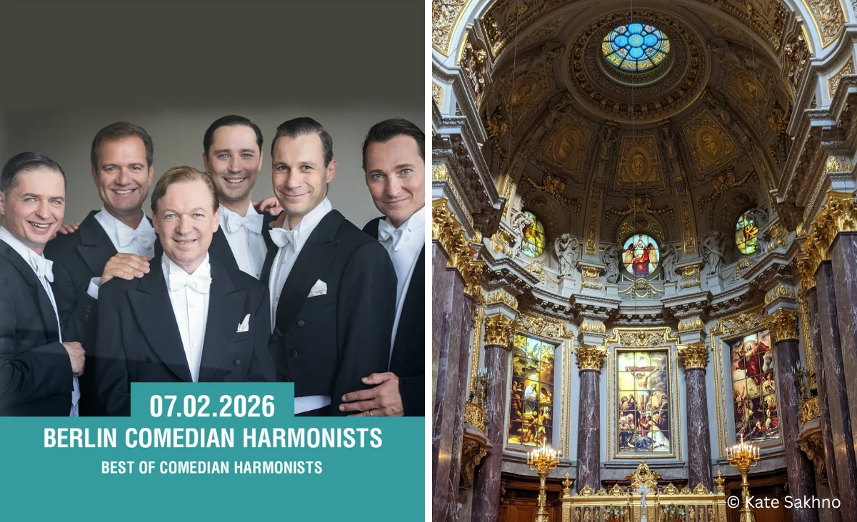 Ein Poster von Berlin Comedian Harmonists und der Berliner Dom abgebildet.