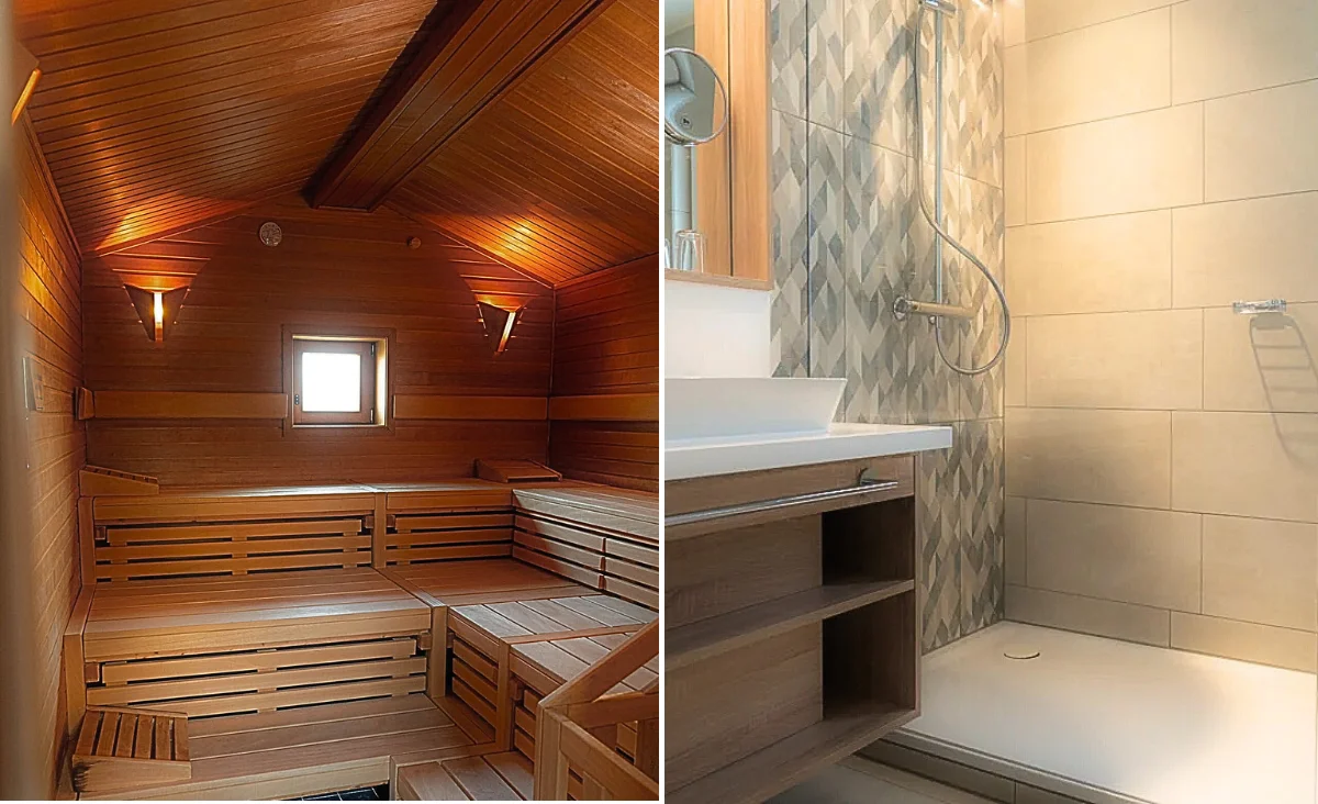 Badezimmer mit Dusche, Sauna und Toilette, ideal für einen Familienurlaub an der Ostsee.
