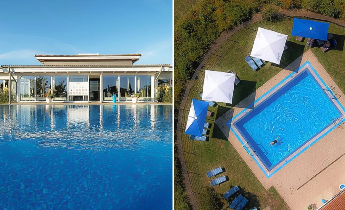 Zwei Bilder: ein Schwimmbad und ein Haus, passend zum Familienurlaub an der Ostsee.