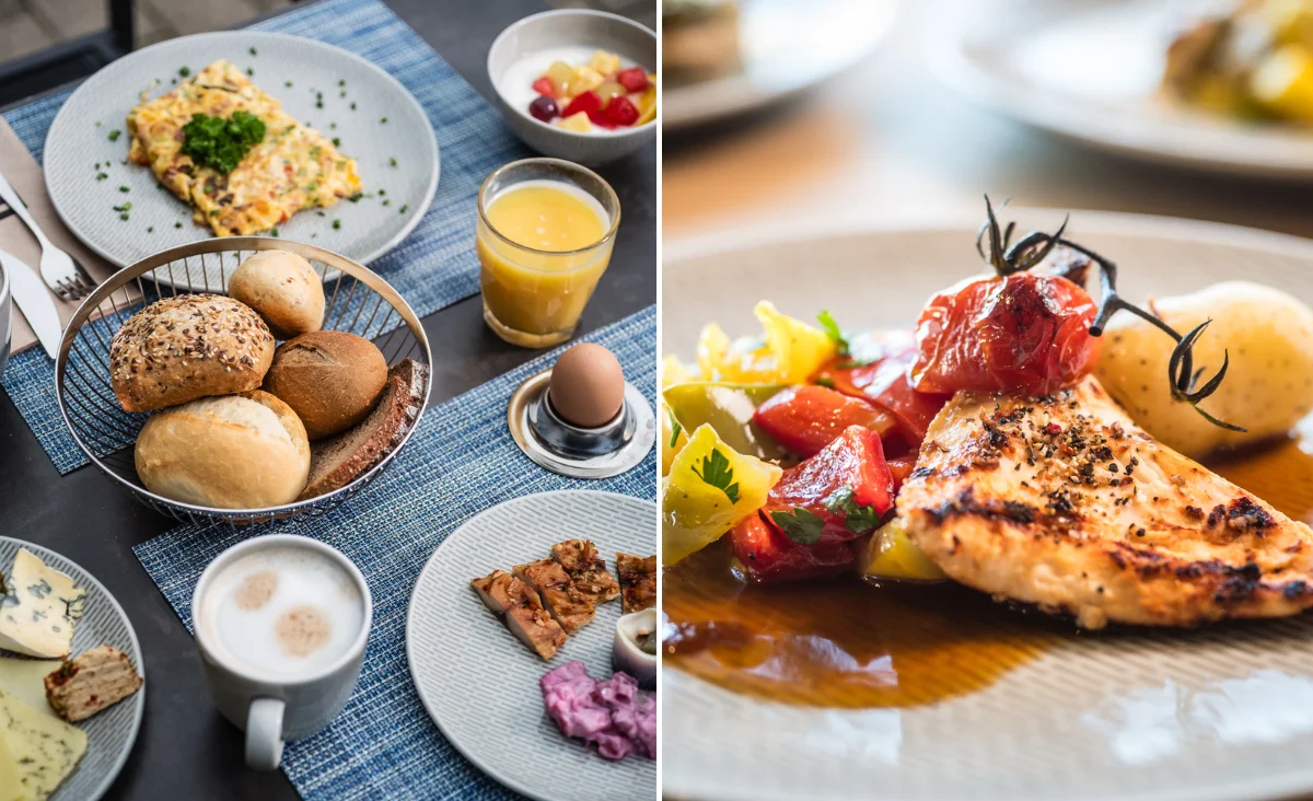 Zwei Bilder von köstlichem Essen auf Tellern, serviert auf einem Tisch während des Familienurlaubs an der Ostsee.