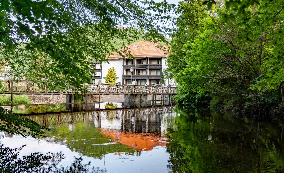 Eine Brücke über einen Fluss mit dem Mühl Vital Resort im Hintergrund in Bad Lauterberg.