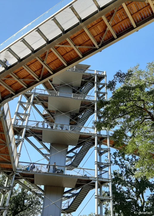 Blick von unten auf den Baumkronenpfad mit spiralförmiger Treppe und umlaufendem Steg zwischen Bäumen