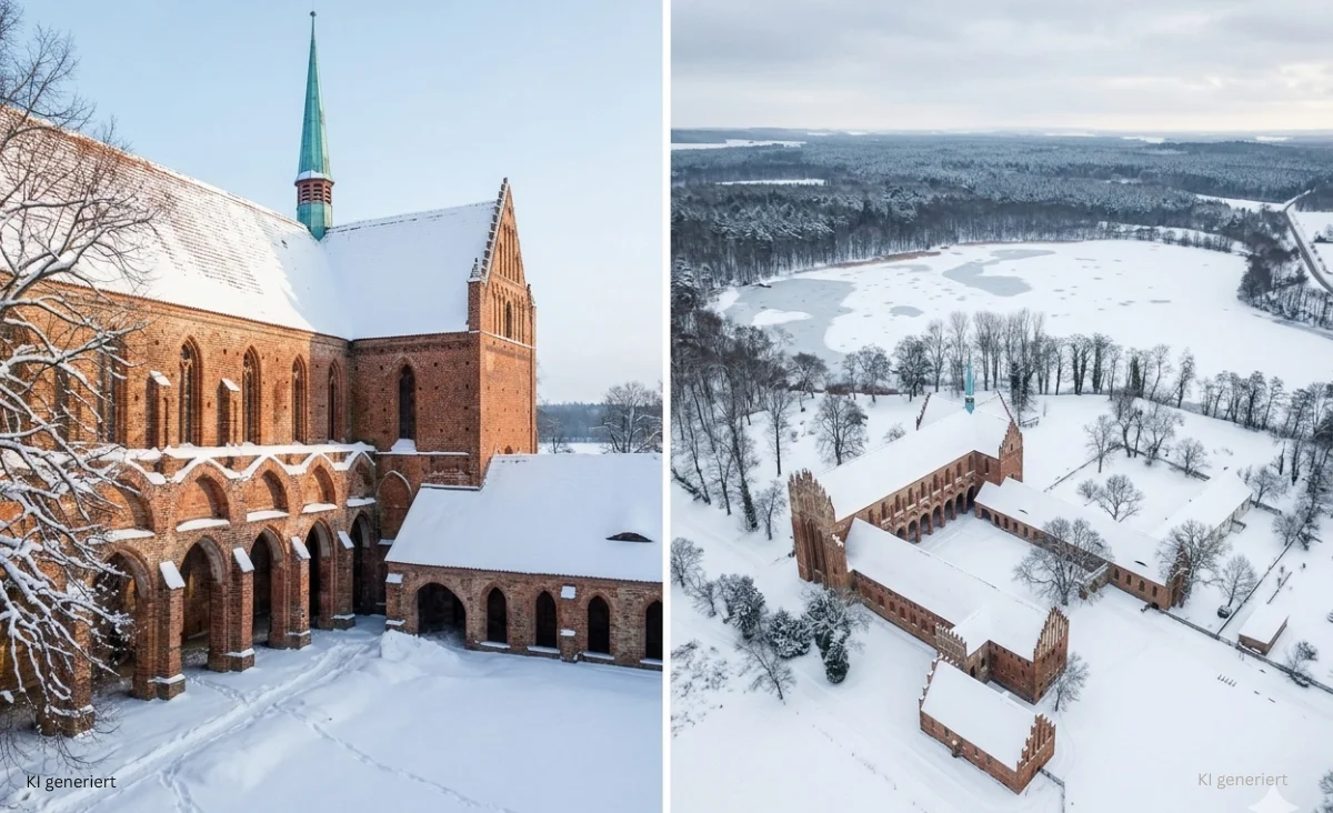 Zwei Ansichten des Klosters Chorin im Winter mit schneebedeckten Dächern und umliegendem Wald, eine Nahaufnahme der Backsteinarchitektur und eine Luftaufnahme des gesamten Klosterkomplexes.