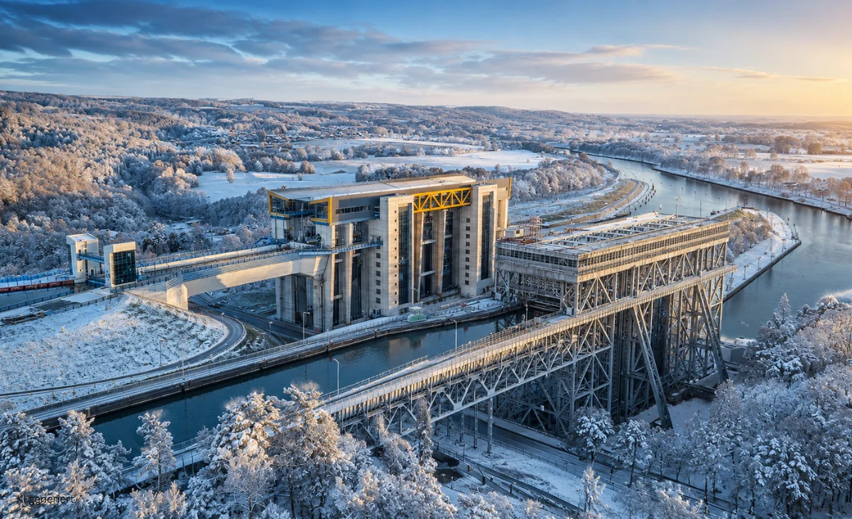 Luftaufnahme eines großen Schiffshebewerks mit Brücke über einen schneebedeckten Fluss und umliegenden Bäumen im Winter