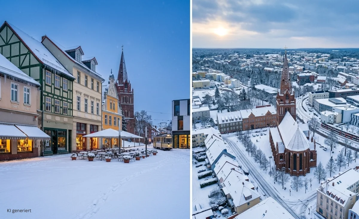 Zwei Ansichten des Klosters Chorin im Winter mit schneebedeckten Dächern und umliegendem Wald, eine Nahaufnahme der Backsteinarchitektur und eine Luftaufnahme des gesamten Klosterkomplexes.