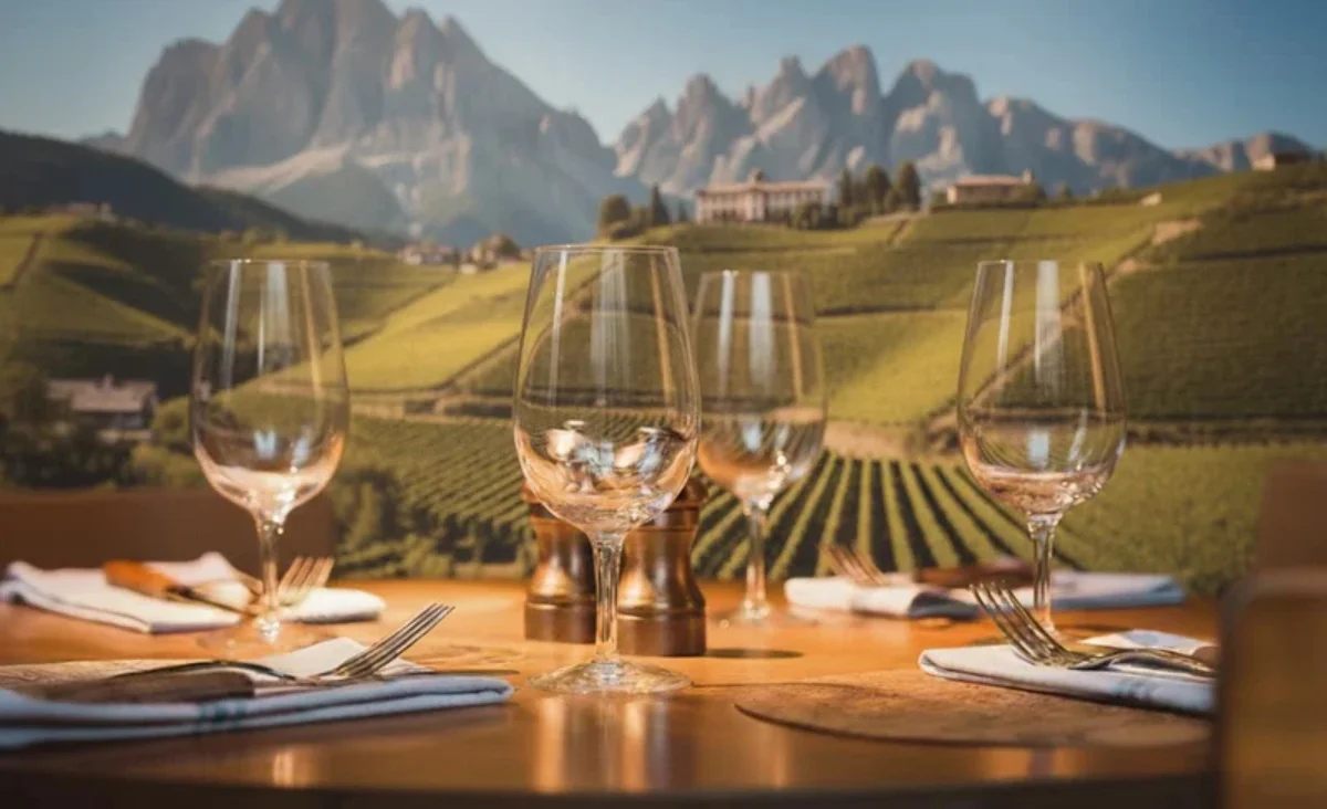 Weingläser und Besteck auf einem gedeckten Holztisch vor einer Landschaft mit Weinbergen und Bergen im Hintergrund. Die Szene vermittelt den Eindruck eines stilvoll gedeckten Tisches im Vinoscout Shop in Teltow, der auf Weinverkostungen oder gastronomische Veranstaltungen ausgerichtet ist.