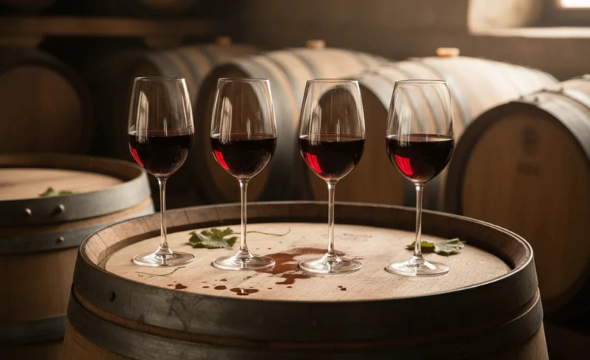 Drei Gläser Rotwein stehen auf einem Fass mit dem Logo von Vinoscout im Hintergrund. Vinoscout Kleinmachnow – Weinvielfalt im Flagshipstore.