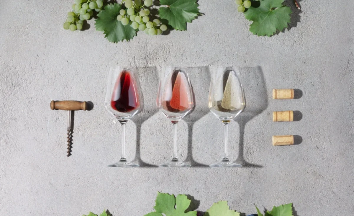 Weingläser mit Trauben und Korken auf einem Betonhintergrund, präsentiert von Vinoscout.