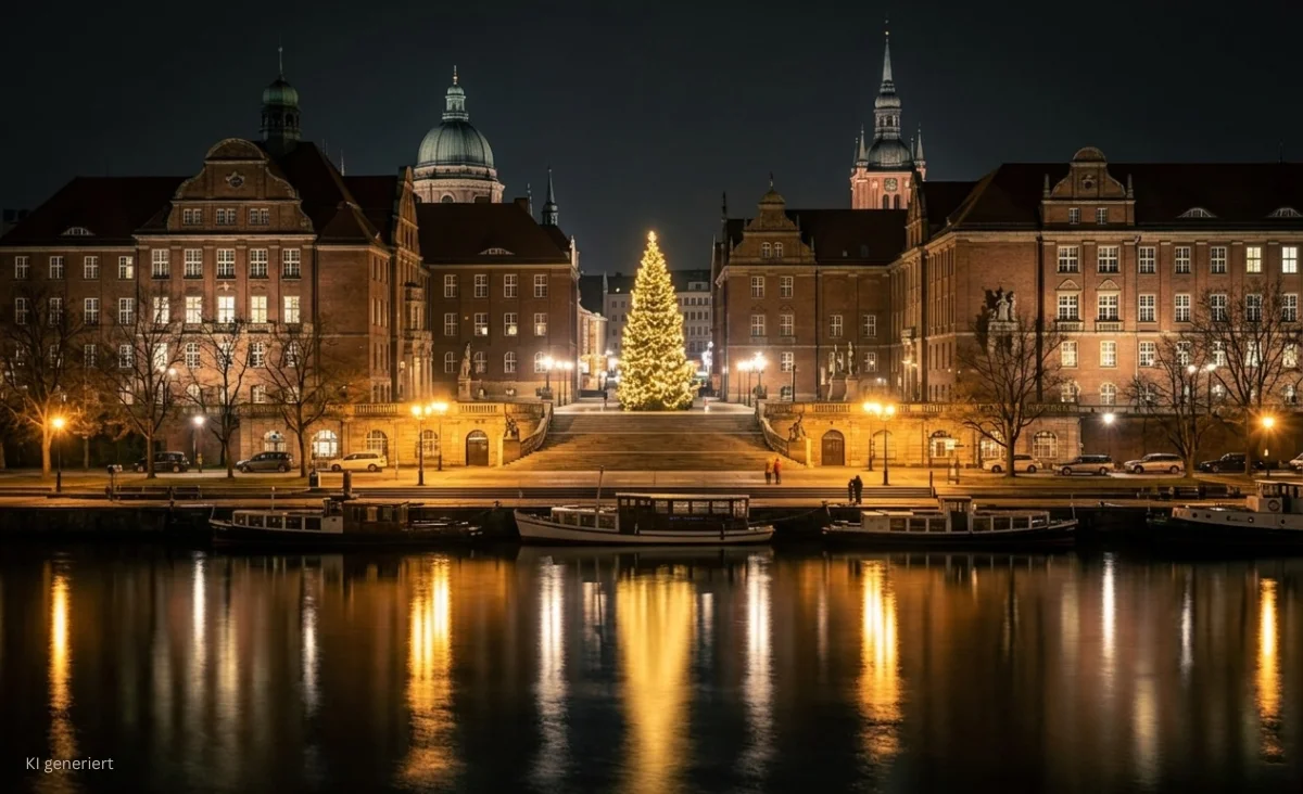 Ein beleuchteter Weihnachtsbaum steht vor einem Gebäude, festliche Stimmung bei der Flusskreuzfahrt Berlin Stettin an Bord der MS Thurgau Saxonia.