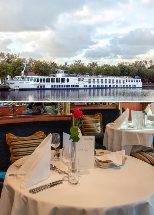 Flusskreuzfahrtschiff auf ruhigem Wasser vor bewaldetem Ufer und ein festlich gedeckter Tisch in einem Restaurant