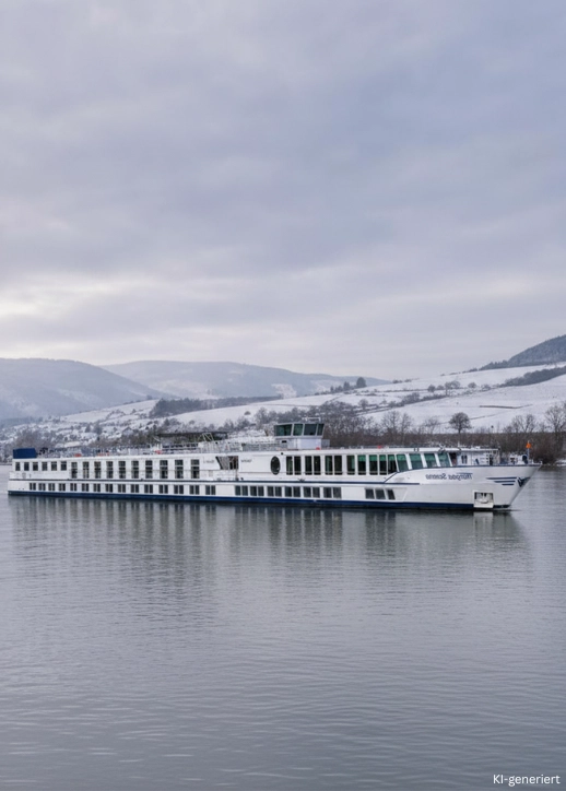 Die MS Thurgau Saxonia mit winterlicher Landschaft im Hintergrund.