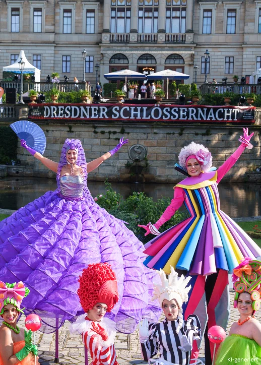 Farbenfroh kostümierte Künstler und Stelzenläufer bei der Dresdner Schlössernacht vor Schloss Albrechtsberg in Dresden.