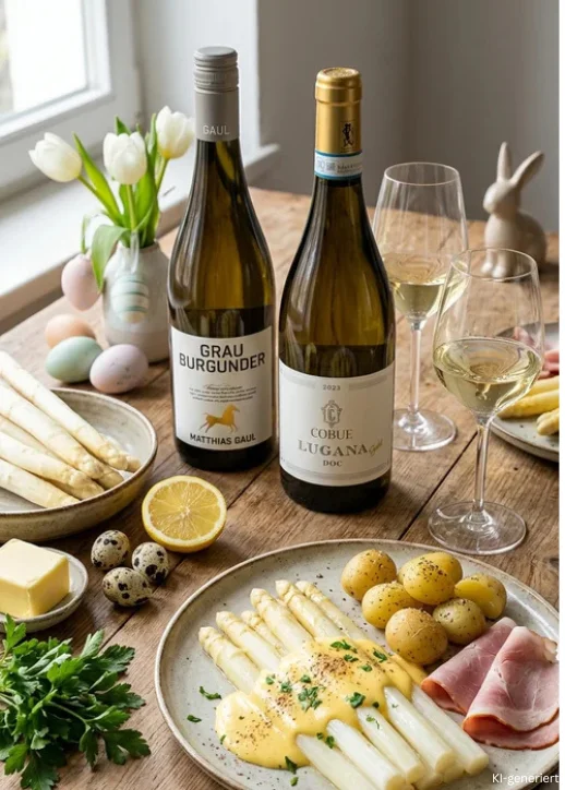 Ein gedeckter Tisch mit Wein, Spargel und Kartoffeln, ideal für ein festliches Essen.