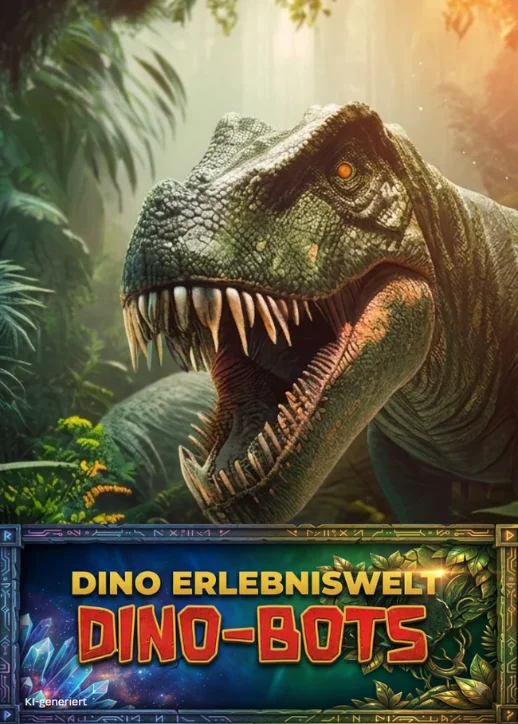 Nahaufnahme eines Dinosaurierkopfs vor einem Dschungelhintergrund sowie Schriftzug 'DINO ERLEBNISWELT DINO-BOTS'