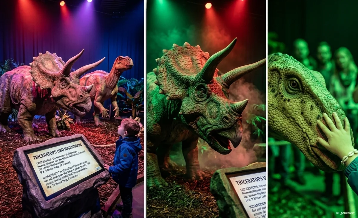 Drei Fotos von lebensgroßen Triceratops-Dinosaurier-Modellen