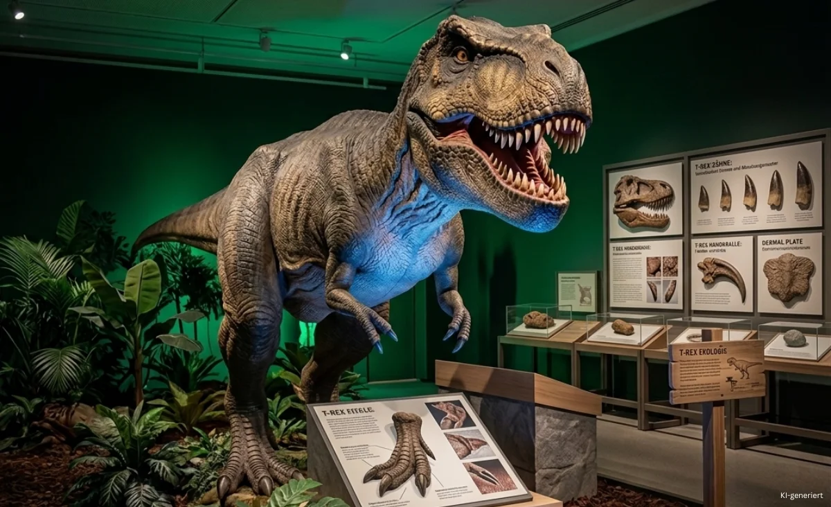 Lebensechte Nachbildung eines Tyrannosaurus rex mit geöffnetem Maul in der Dino Erlebniswelt vor Informationstafeln zu T-Rex-Knochen und -Fossilien