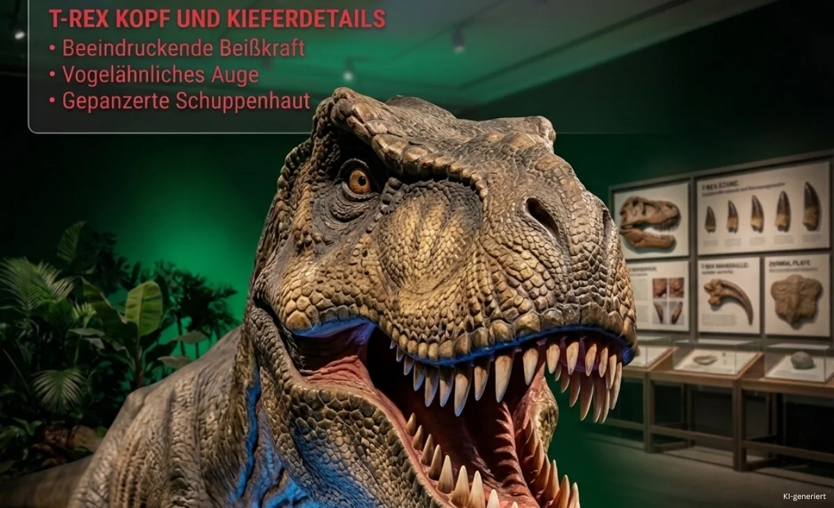 Lebensechte Nachbildung eines Tyrannosaurus rex mit geöffnetem Maul in der Dino Erlebniswelt vor Informationstafeln zu T-Rex-Knochen und -Fossilien