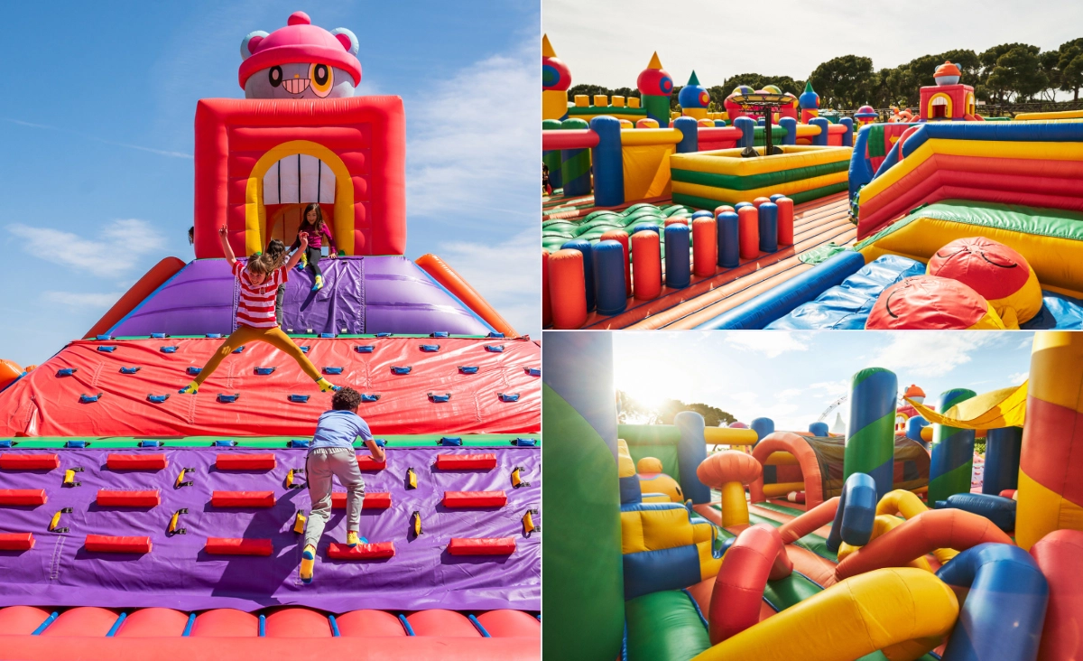Bunte aufblasbare Kletterwand mit Kindern, die hinaufklettern, und zwei weitere Ansichten eines großen aufblasbaren Fun Box Parks mit verschiedenen Hindernissen und Rutschen im Freien.