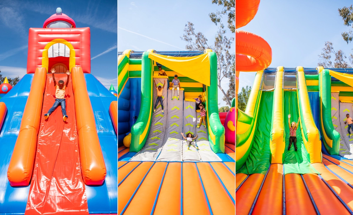 Bunte aufblasbare Spielgeräte in einem Fun Box Park