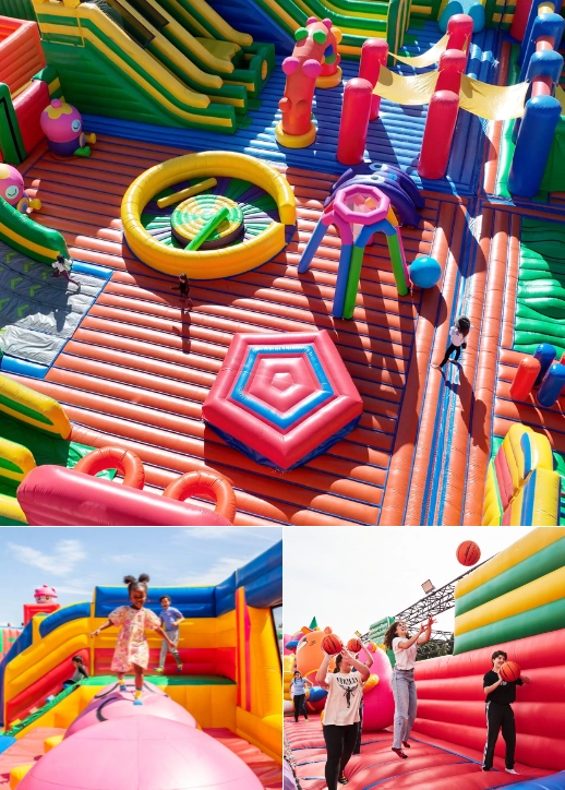 Collage aus Luftaufnahme und Personen im FunBox Sprungareal.