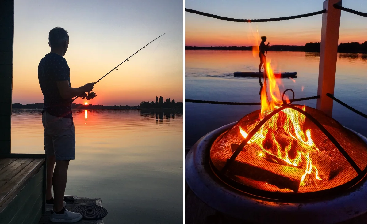 Links steht eine Person mit Angelrute auf einem Steg vor einem See bei Sonnenuntergang, rechts brennt ein Feuer in einer Feuerschale auf einem Boot mit Wasser und Sonnenuntergang im Hintergrund.