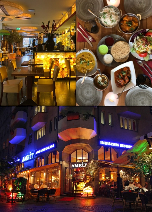 Dreiteilige Collage mit Innenansicht eines warm beleuchteten Restaurants, indischem Essen auf einem Tisch mit verschiedenen Gerichten und Nachtaufnahme des beleuchteten Restaurants AMRIT mit Außenbestuhlung. Alles für mit dem Wertgutschein AMRIT Restaurants erlebbar.
