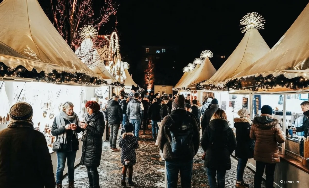 Weihnachtsmarkt mit beleuchteten Ständen und vielen Besuchern bei Nacht auf dem Potsdamer Weihnachtszauber 2026