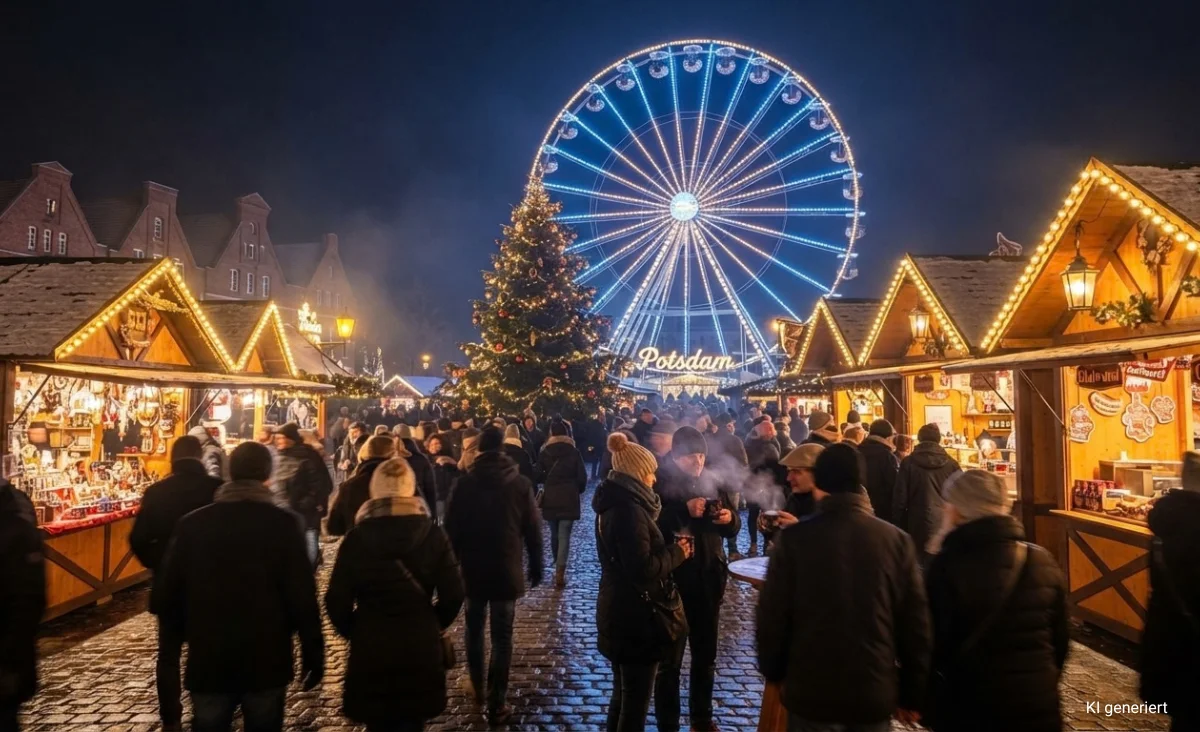 Beleuchtetes Riesenrad und Schriftzug 'Potsdamer Weihnachtszauber 2026' auf dem Potsdamer Markt bei Nacht